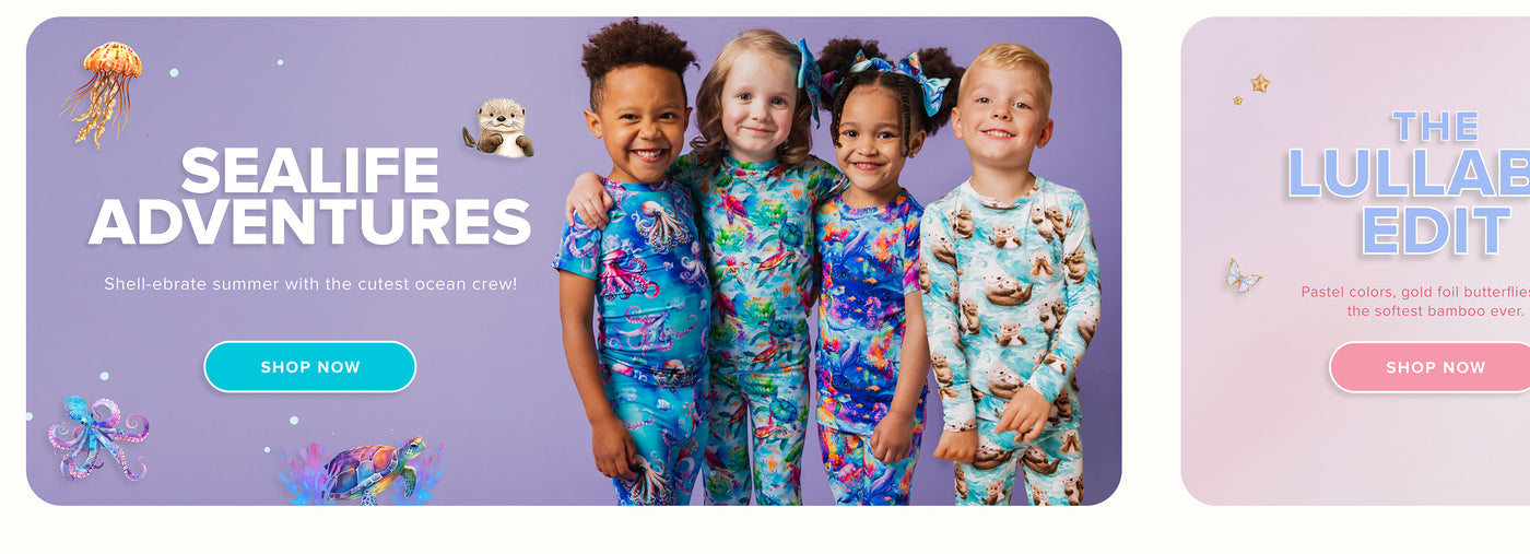Children wearing colorful pajamas with sealife designs, promotional text for 'Sealife Adventures' and 'The Lullaby Edit'.