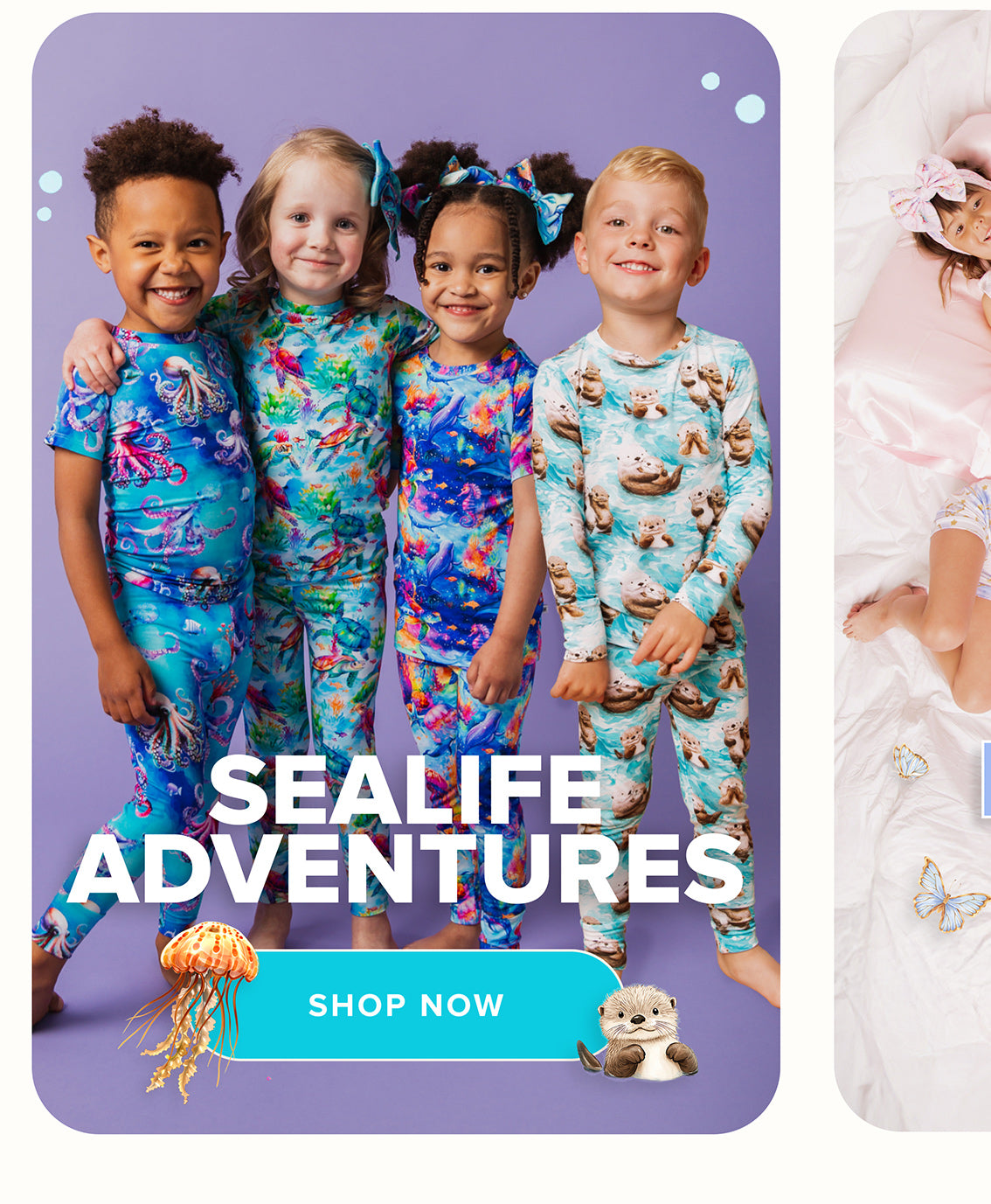 Children wearing sealife-themed pajamas with a 'Shop Now' button on a purple background.