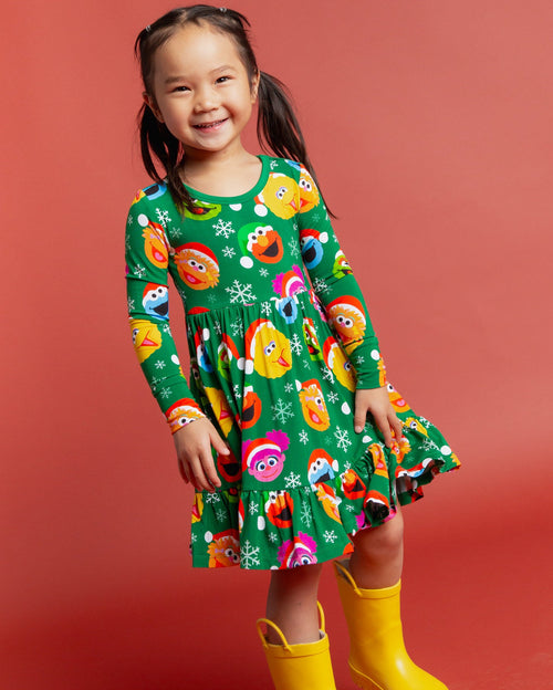 Baby Kids Bamboo Pajamas — Sesame Street™ Holiday Cheer Long Sleeve Dress & Shorts Set — Image 4