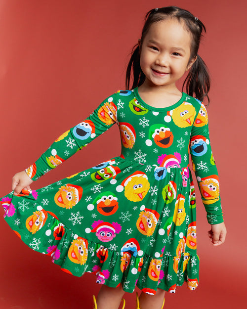 Baby Kids Bamboo Pajamas — Sesame Street™ Holiday Cheer Long Sleeve Dress & Shorts Set — Image 3