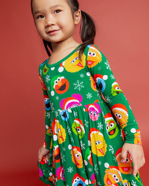 Baby Kids Bamboo Pajamas — Sesame Street™ Holiday Cheer Long Sleeve Dress & Shorts Set — Image 7