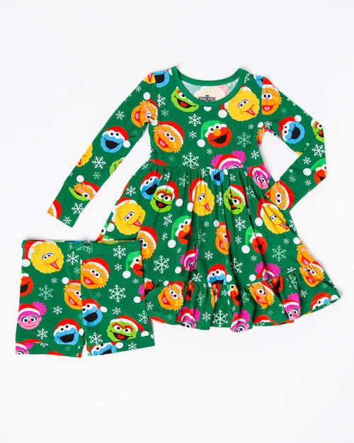 Baby Kids Bamboo Pajamas — Sesame Street™ Holiday Cheer Long Sleeve Dress & Shorts Set — Image 2