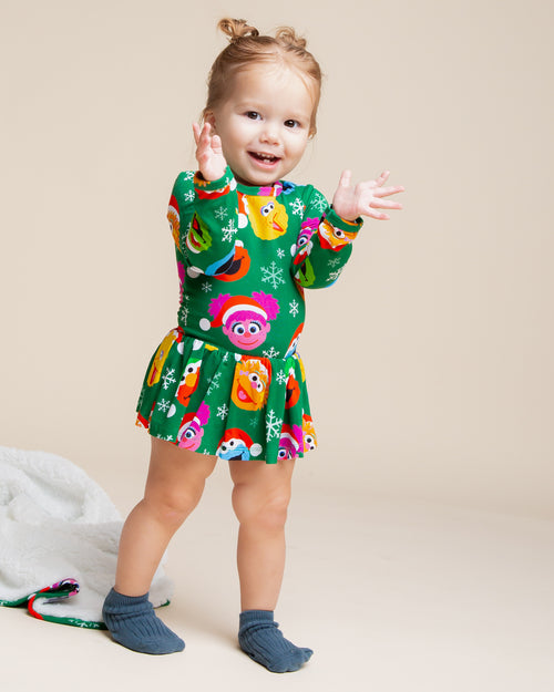 Baby Kids Bamboo Pajamas — Sesame Street™ Holiday Cheer Long Sleeve Ruffle Dress — Image 3