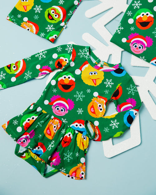 Baby Kids Bamboo Pajamas — Sesame Street™ Holiday Cheer Long Sleeve Ruffle Dress — Image 2