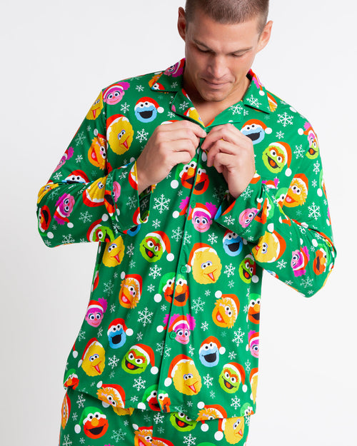 Baby Kids Bamboo Pajamas — Sesame Street™ Holiday Cheer Men's Collar Shirt & Pants Set — Image 2