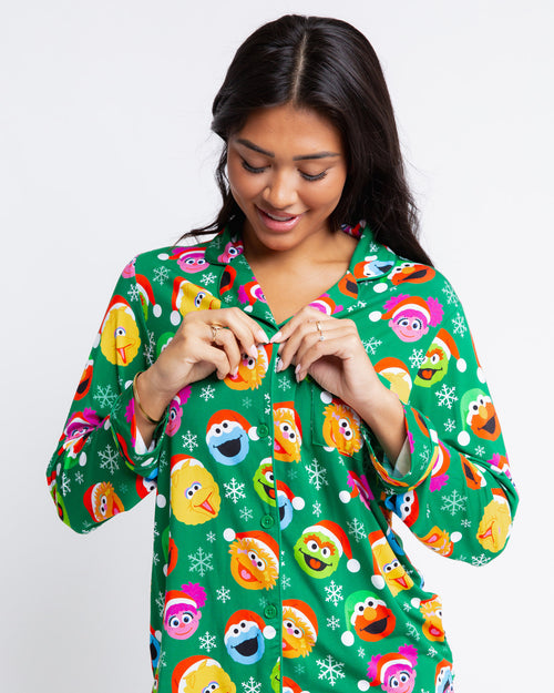 Baby Kids Bamboo Pajamas — Sesame Street™ Holiday Cheer Women's Long Sleeve Collar Shirt & Pants Pajama Set — Image 3