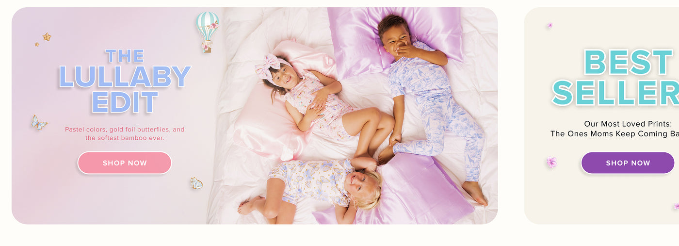 Advertisement for 'The Lullaby Edit' with children in pajamas on a bed, featuring a 'Shop Now' button.