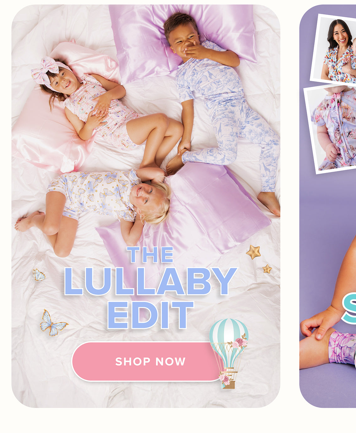 Children in pajamas on a bed with 'The Lullaby Edit' text and a 'Shop Now' button.