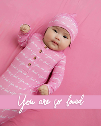 Baby Kids Bamboo Pajamas — You Are So Loved - Pink-a-Boo Knotted Gown & Beanie Set — Image 1