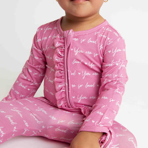 Baby Kids Bamboo Pajamas — You Are So Loved - Pink-a-Boo Ruffle Footie — Image 7