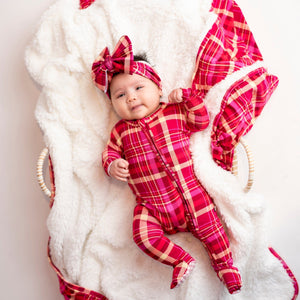 Bums & Roses - Baby & Kids Bamboo Pajamas - Berry Plaid Footie - Image 1