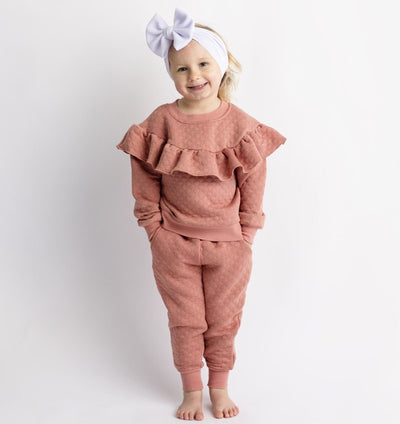 Baby Kids Bamboo Pajamas — Dusty Rose Quilted Ruffle Jogger Set — Image 1