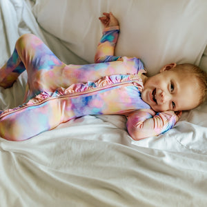 Baby Kids Bamboo Pajamas — Cotton Candy Sky Ruffle Footie — Image 1