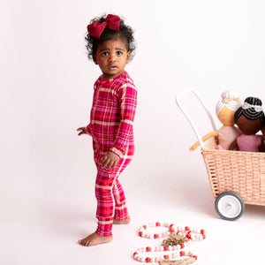 Bums & Roses - Baby & Kids Bamboo Pajamas - Berry Plaid Romper - Image 1