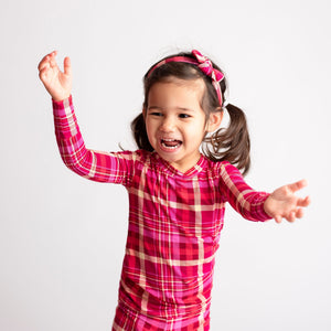 Baby Kids Bamboo Pajamas — Berry Plaid Headwrap — Image 1
