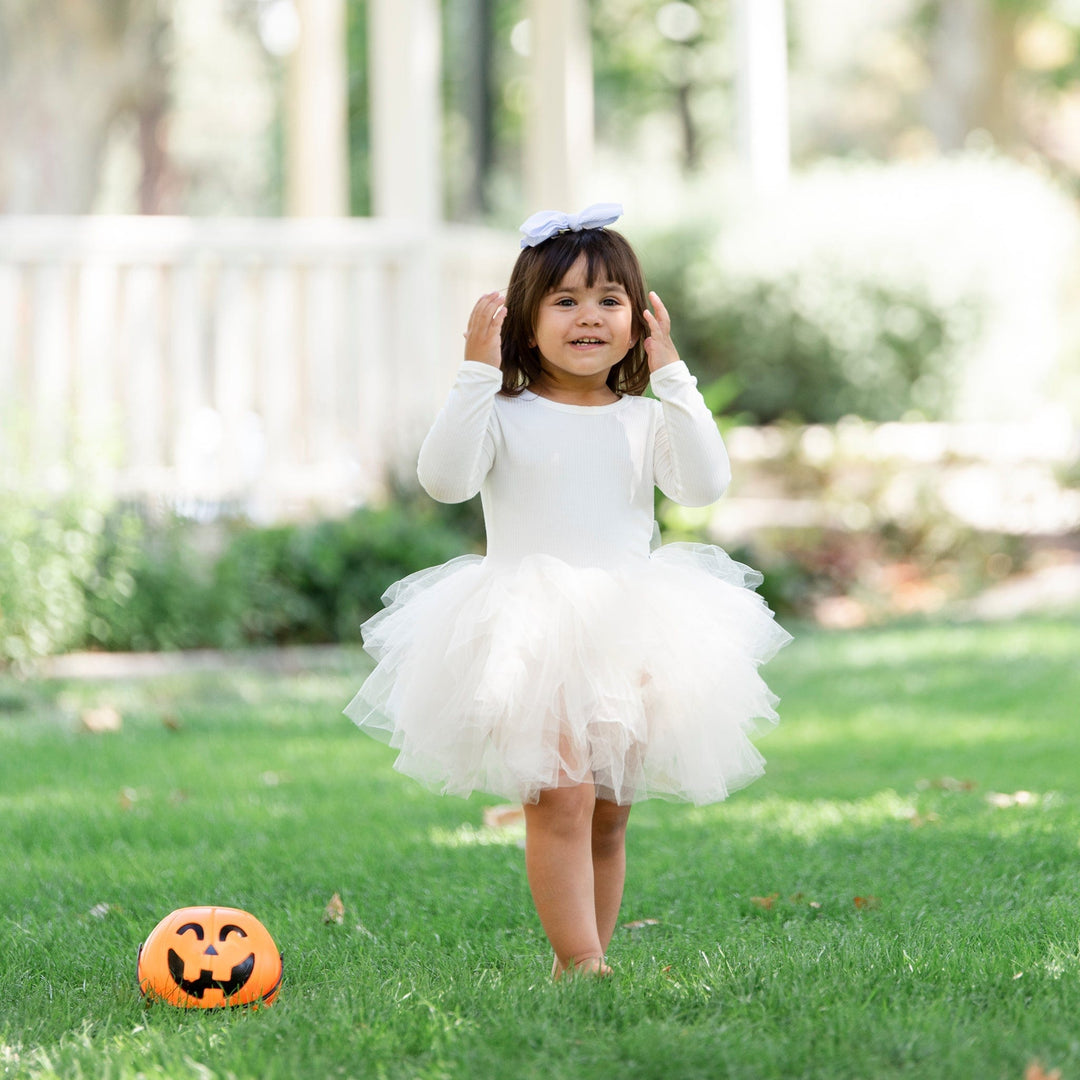 Ivory Ribbed Tulle Tutu Dress - Long Sleeves