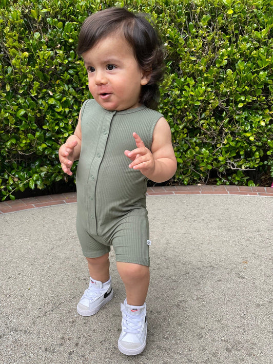 Olive Ribbed Shortie Romper