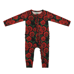 Baby Kids Bamboo Pajamas — Bums & Roses Ruffle Zip Romper - Long Sleeves — Image 1