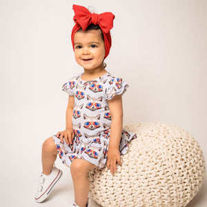 Baby Kids Bamboo Pajamas — Racc White & Blue Ruffle Dress — Image 1