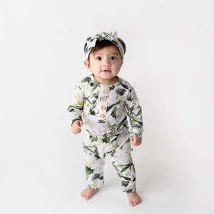 Bums & Roses - Baby & Kids Bamboo Pajamas - Take It or Leaf It Ruffle Romper - Image 1